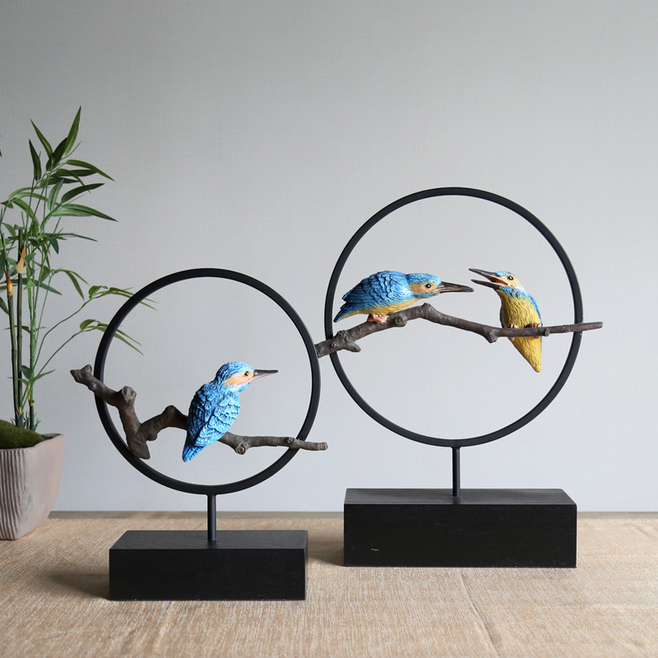 擺件家居飾品 新中式動物樹脂工藝品 壁柜電視柜擺件小鳥圓環(huán)